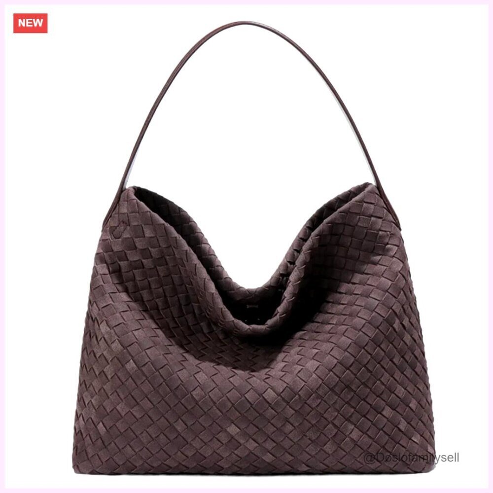 Woven Suede Hobo Bag Slouchy Shoulder Tote Lightweight Faux Leather Handbag